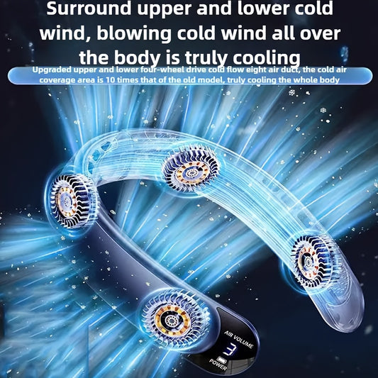 Neck-Mounted Fan with Ice Sensing Technology, Providing 360-Degree Cooling Air, Adjustable in Three Speeds, Featuring an Intelligent Display, Designed to Prevent Hair Tangling.