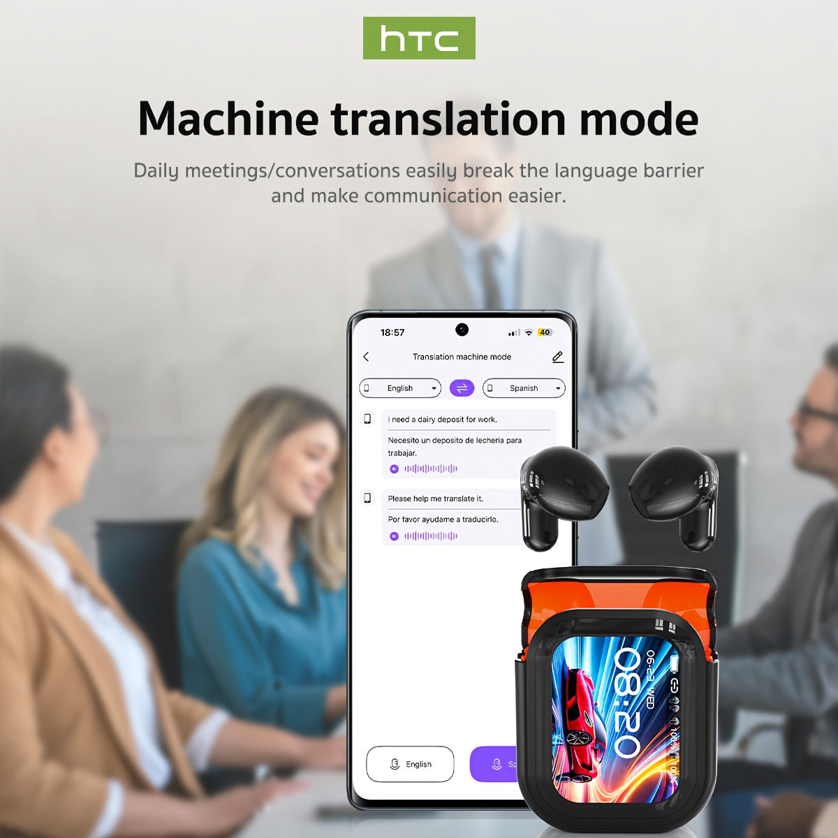 1pc HTC NE20 TWS Wireless Headphones Feature 131 Language Translation, High-definition Touch screenb Display