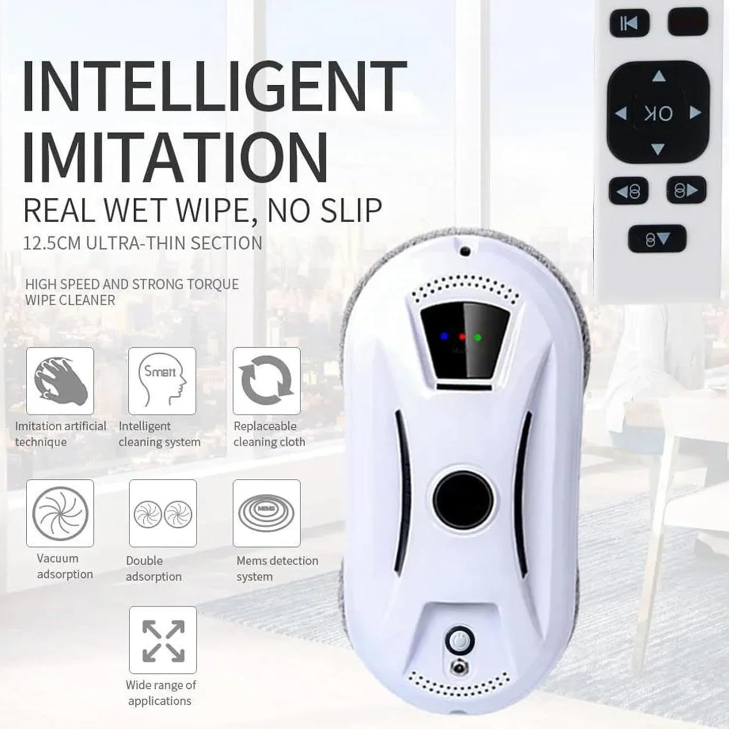 Electric Window Cleaning Robot with Remote Control, Safety Cord And 60 Ml Tank, 3000 Pa, Powerful Automatic Suction, Window Cleaning Robot for Indoor And Outdoor Use