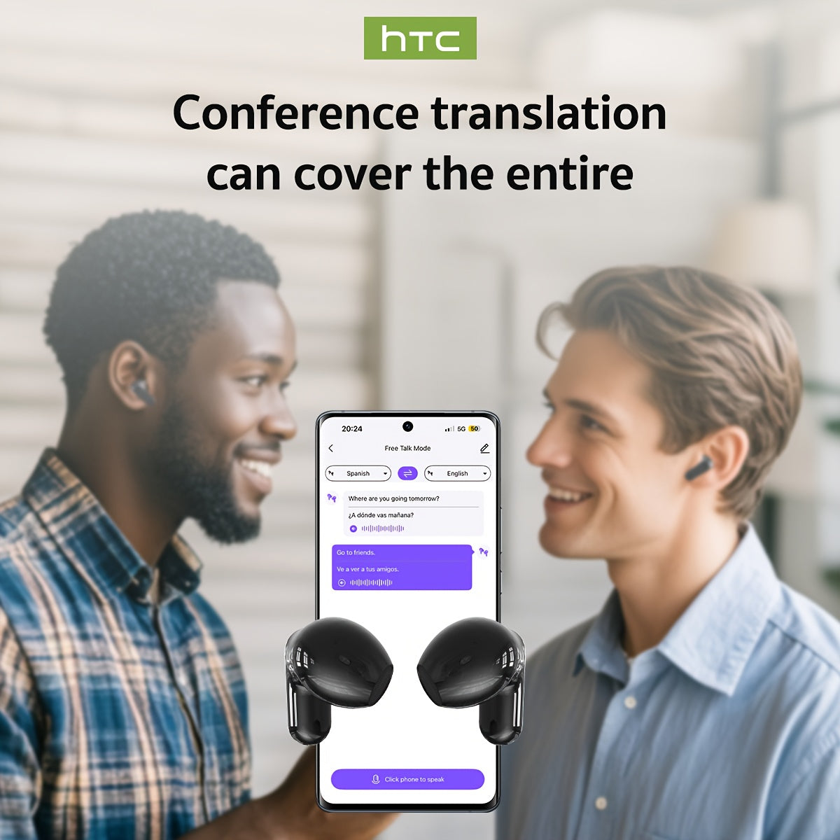 1pc HTC NE20 TWS Wireless Headphones Feature 131 Language Translation, High-definition Touch screenb Display