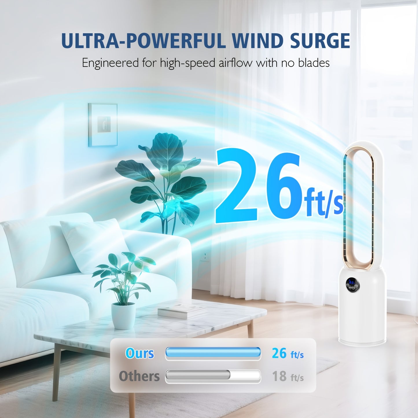 36" Bladeless Tower Fan with Remote, 90° Oscillating Bladeless Fans, 24 Speeds, 12H Timer, Max 26ft/ S, Portable Standing Fan with Touch LED Display, Quiet Cooling Floor Fan Or Bedroom Living Room Office