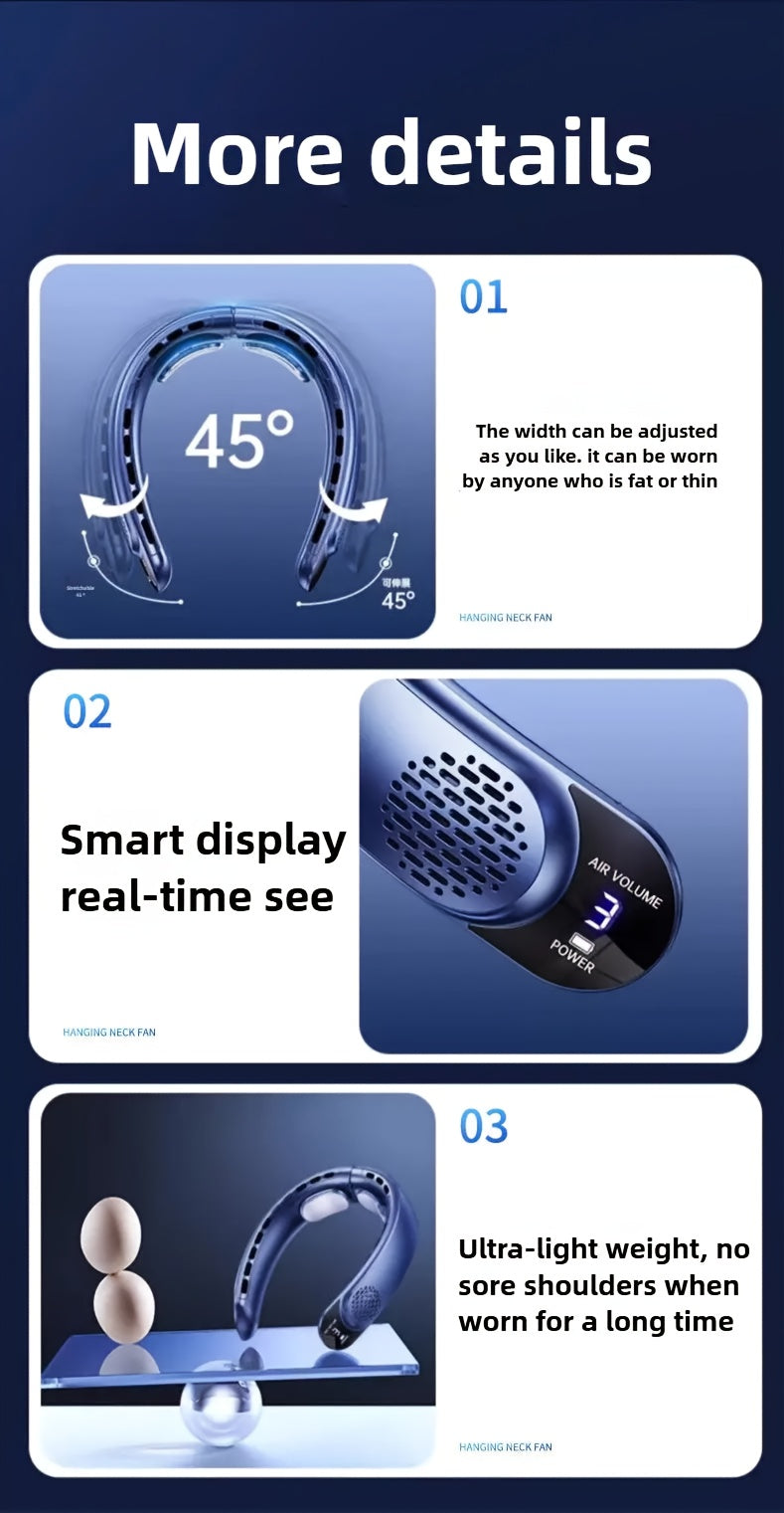 Neck-Mounted Fan with Ice Sensing Technology, Providing 360-Degree Cooling Air, Adjustable in Three Speeds, Featuring an Intelligent Display, Designed to Prevent Hair Tangling.