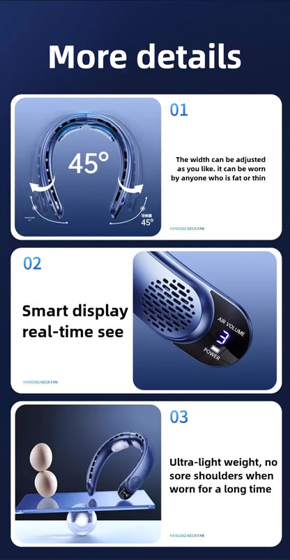 Neck-Mounted Fan with Ice Sensing Technology, Providing 360-Degree Cooling Air, Adjustable in Three Speeds, Featuring an Intelligent Display, Designed to Prevent Hair Tangling.