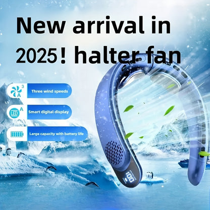 Neck-Mounted Fan with Ice Sensing Technology, Providing 360-Degree Cooling Air, Adjustable in Three Speeds, Featuring an Intelligent Display, Designed to Prevent Hair Tangling.