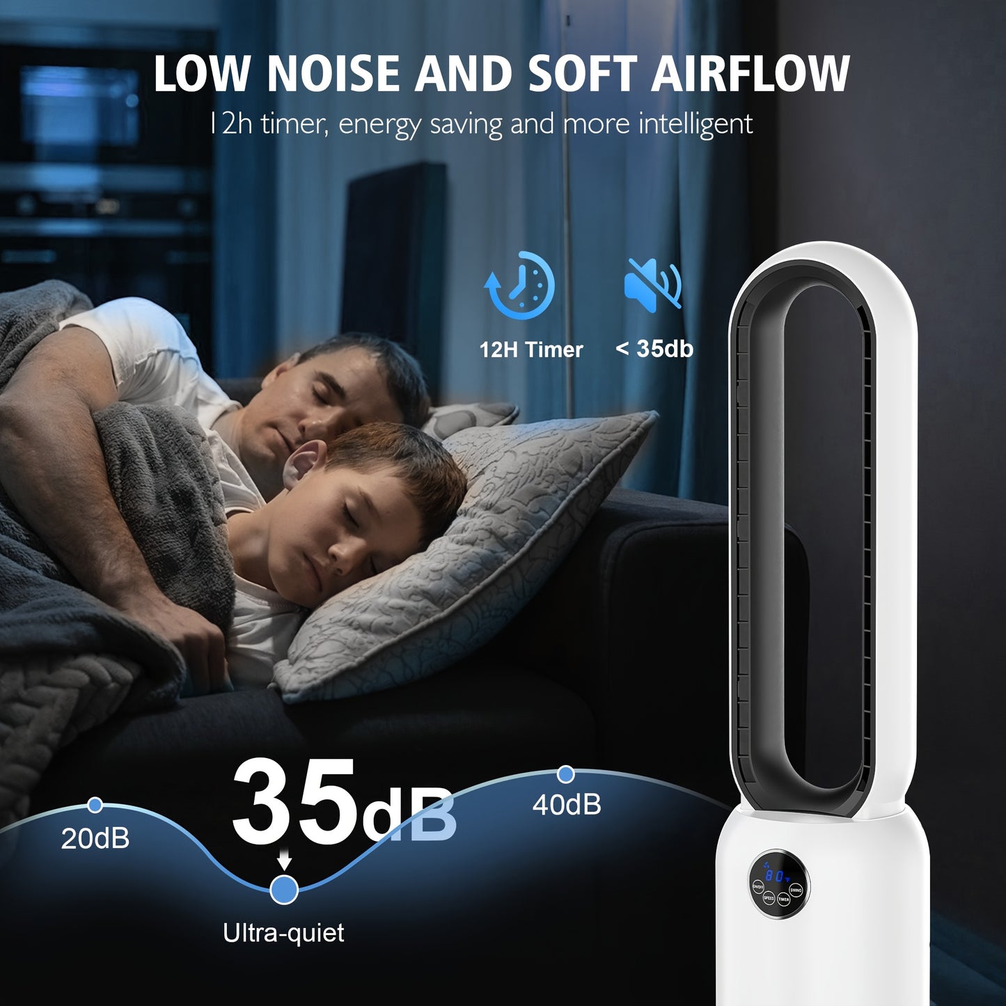 36" Bladeless Tower Fan with Remote, 90° Oscillating Bladeless Fans, 24 Speeds, 12H Timer, Max 26ft/ S, Portable Standing Fan with Touch LED Display, Quiet Cooling Floor Fan Or Bedroom Living Room Office