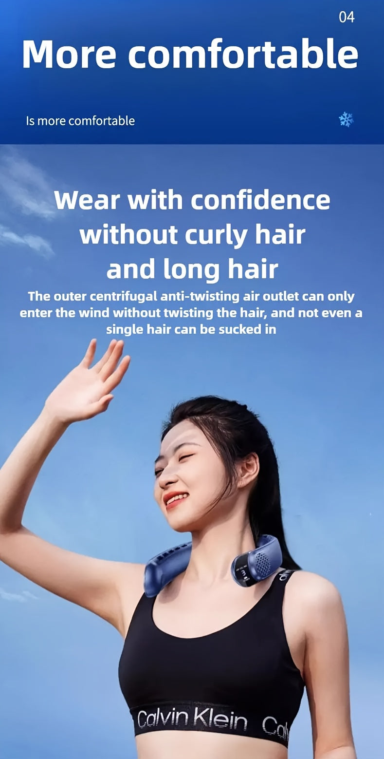 Neck-Mounted Fan with Ice Sensing Technology, Providing 360-Degree Cooling Air, Adjustable in Three Speeds, Featuring an Intelligent Display, Designed to Prevent Hair Tangling.