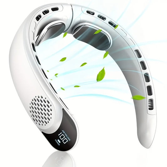 Neck-Mounted Fan with Ice Sensing Technology, Providing 360-Degree Cooling Air, Adjustable in Three Speeds, Featuring an Intelligent Display, Designed to Prevent Hair Tangling.