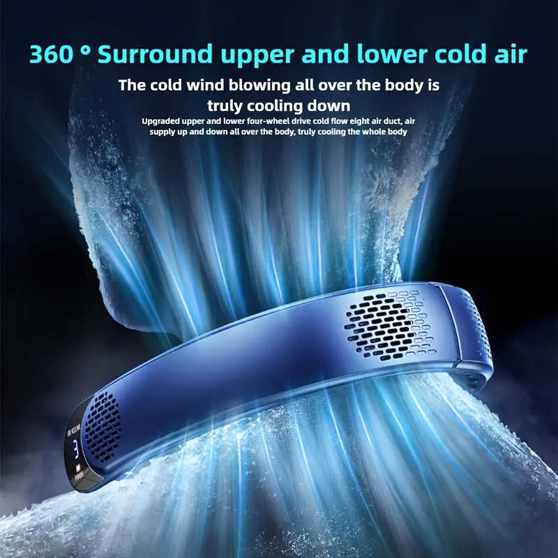 Neck-Mounted Fan with Ice Sensing Technology, Providing 360-Degree Cooling Air, Adjustable in Three Speeds, Featuring an Intelligent Display, Designed to Prevent Hair Tangling.