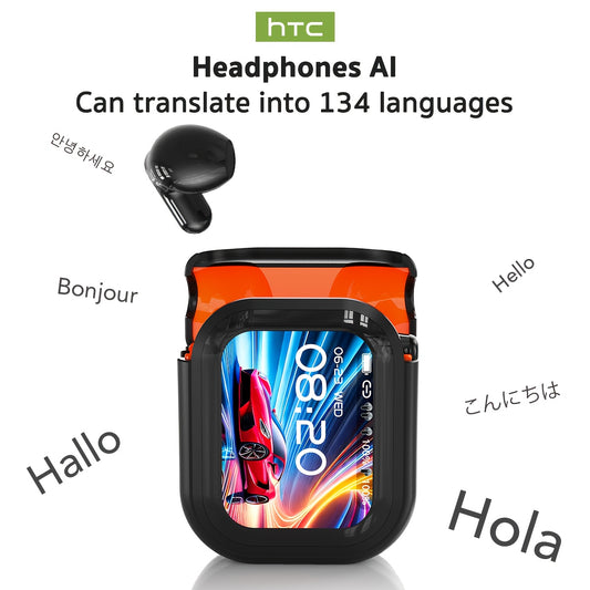 1pc HTC NE20 TWS Wireless Headphones Feature 131 Language Translation, High-definition Touch screenb Display