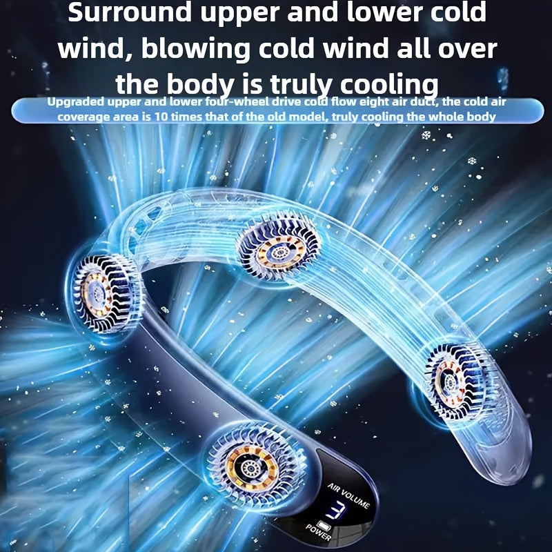 Neck-Mounted Fan with Ice Sensing Technology, Providing 360-Degree Cooling Air, Adjustable in Three Speeds, Featuring an Intelligent Display, Designed to Prevent Hair Tangling.
