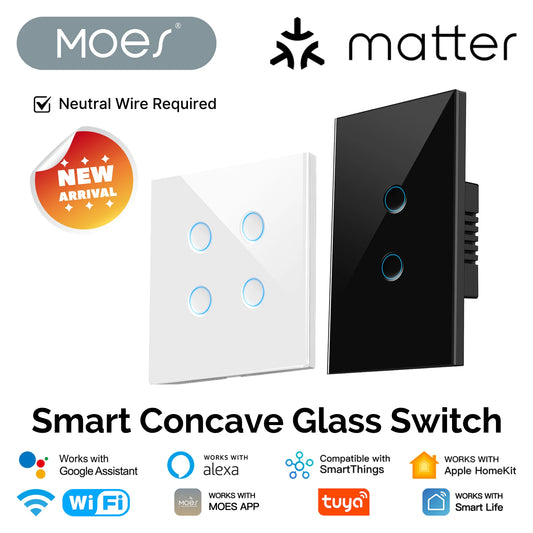 MOES Matter WiFi Smart Concave Glass Panel Electric Switch Compatible with Alexa Google Home SmartThings