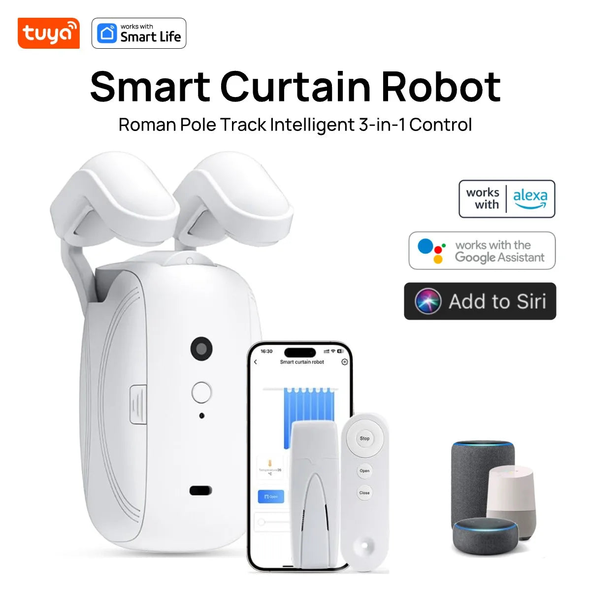 Tuya Smart Curtain Robot, Intelligent 3-in-1 Control Tuya App/Remote/voice control（Alexa Google Siri）