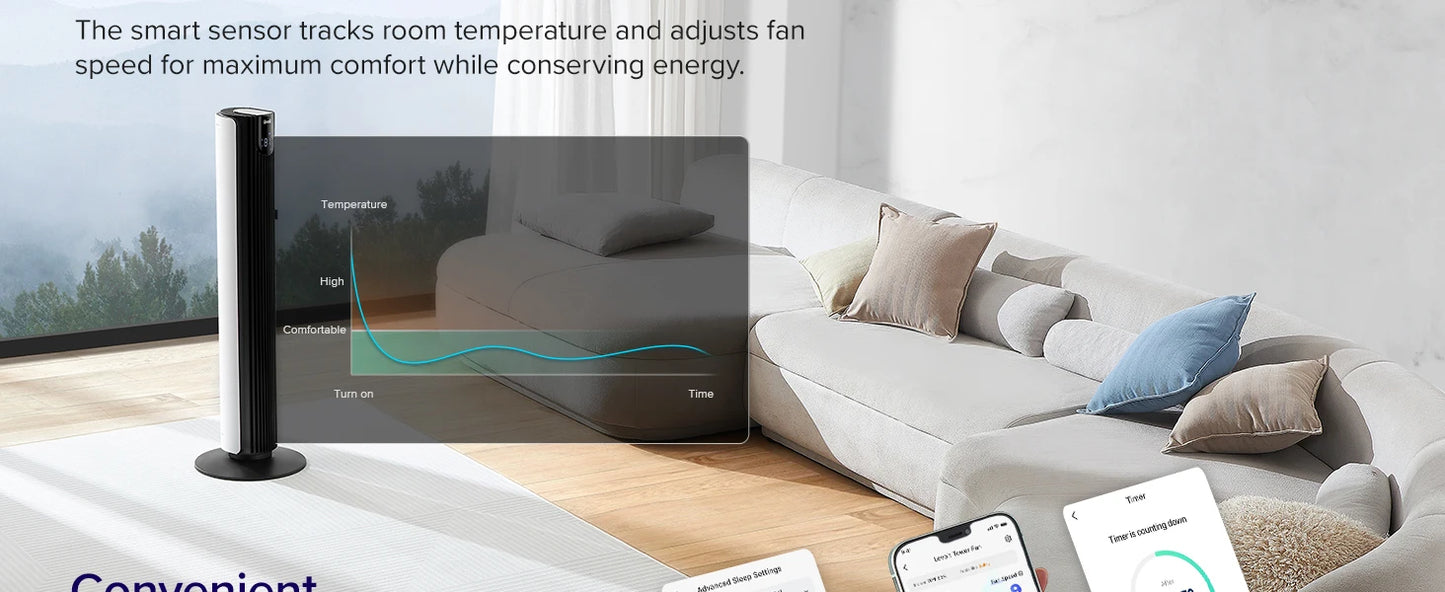 WI-FI Smart Silent Tower Fan. Powerful Electric Cooling. Voice Control 4 Modes 12 Speeds