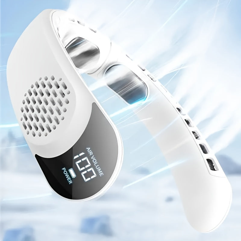 Neck-Mounted Fan with Ice Sensing Technology, Providing 360-Degree Cooling Air, Adjustable in Three Speeds, Featuring an Intelligent Display, Designed to Prevent Hair Tangling.