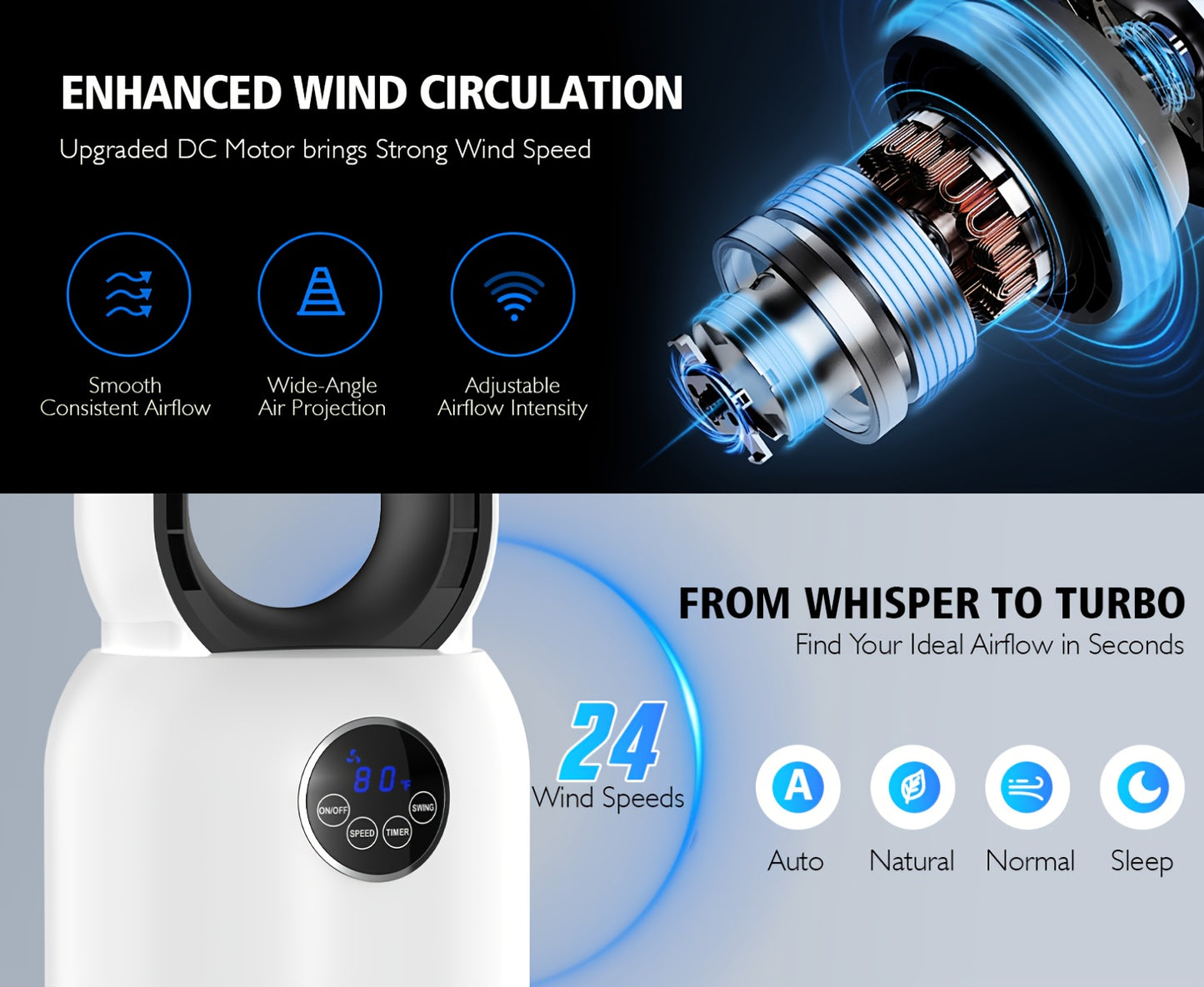 36" Bladeless Tower Fan with Remote, 90° Oscillating Bladeless Fans, 24 Speeds, 12H Timer, Max 26ft/ S, Portable Standing Fan with Touch LED Display, Quiet Cooling Floor Fan Or Bedroom Living Room Office