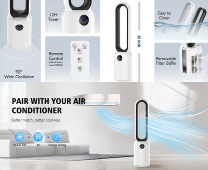 36" Bladeless Tower Fan with Remote, 90° Oscillating Bladeless Fans, 24 Speeds, 12H Timer, Max 26ft/ S, Portable Standing Fan with Touch LED Display, Quiet Cooling Floor Fan Or Bedroom Living Room Office