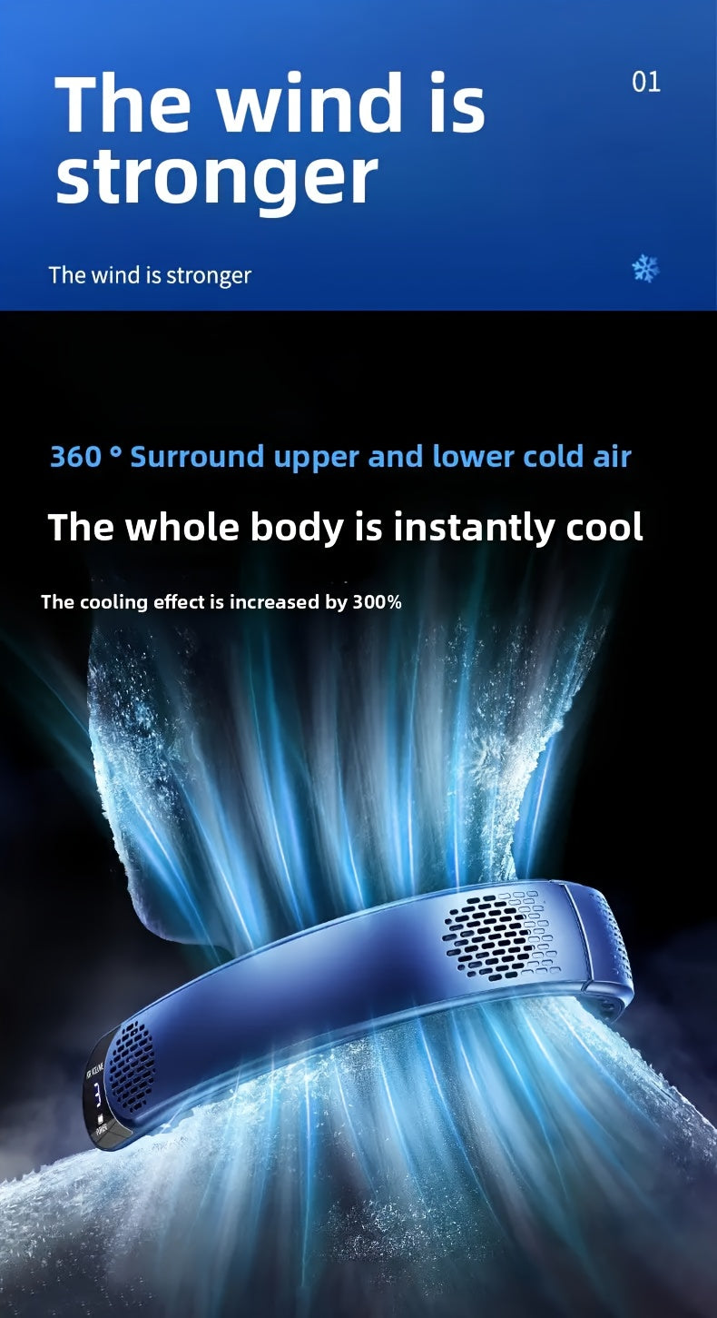 Neck-Mounted Fan with Ice Sensing Technology, Providing 360-Degree Cooling Air, Adjustable in Three Speeds, Featuring an Intelligent Display, Designed to Prevent Hair Tangling.